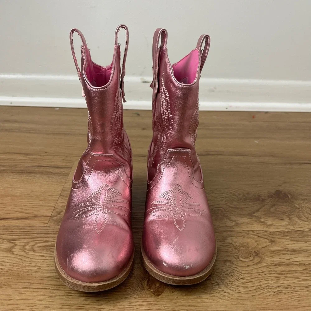 Metallic Pink Western Cowboy Boots Kids Size 2 Star Pull Tab Faux Leather